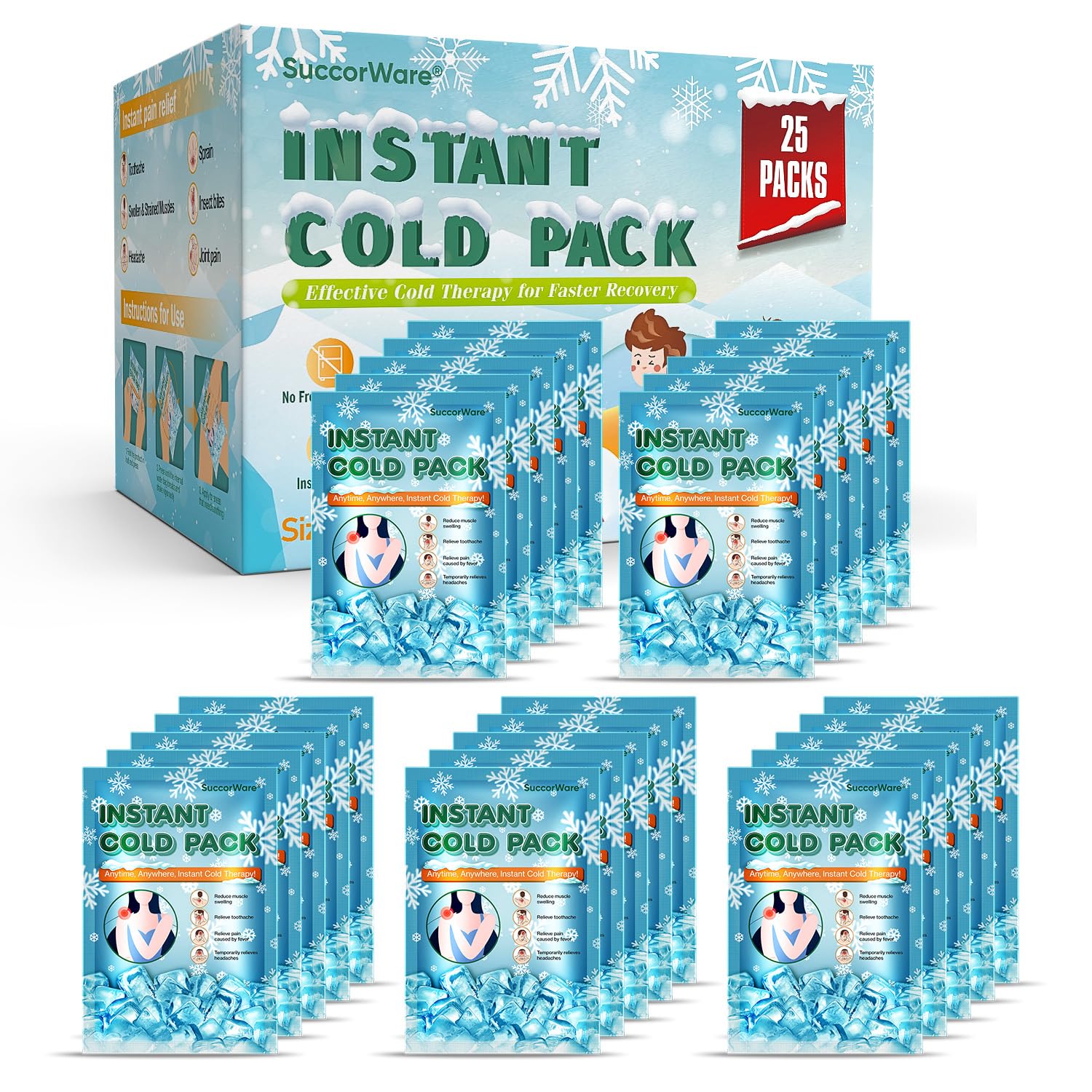 SuccorWare 25-pack instant cold packs ready for on-the-go use.