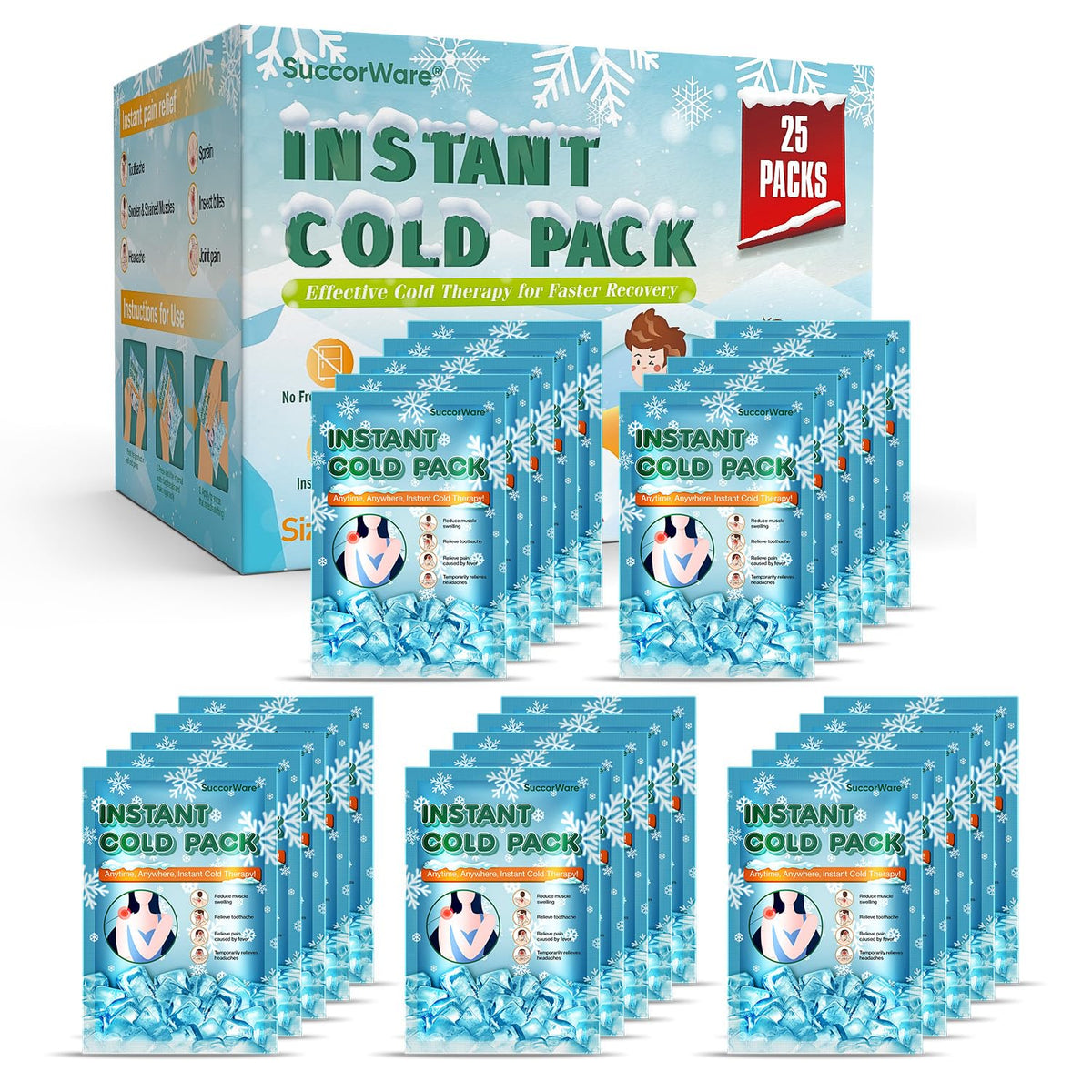 SuccorWare 25-pack instant cold packs ready for on-the-go use.