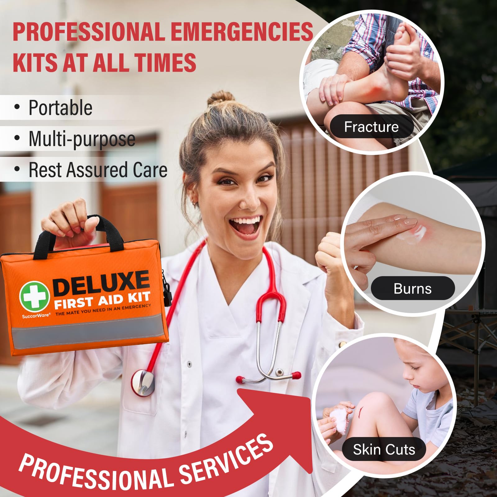 SuccorWare compact first aid kit travel pack, easy to carry on trips.