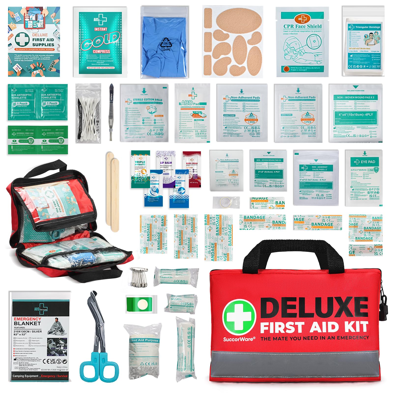 SuccorWare family-use kit suitable for home, car, and outdoor trips.