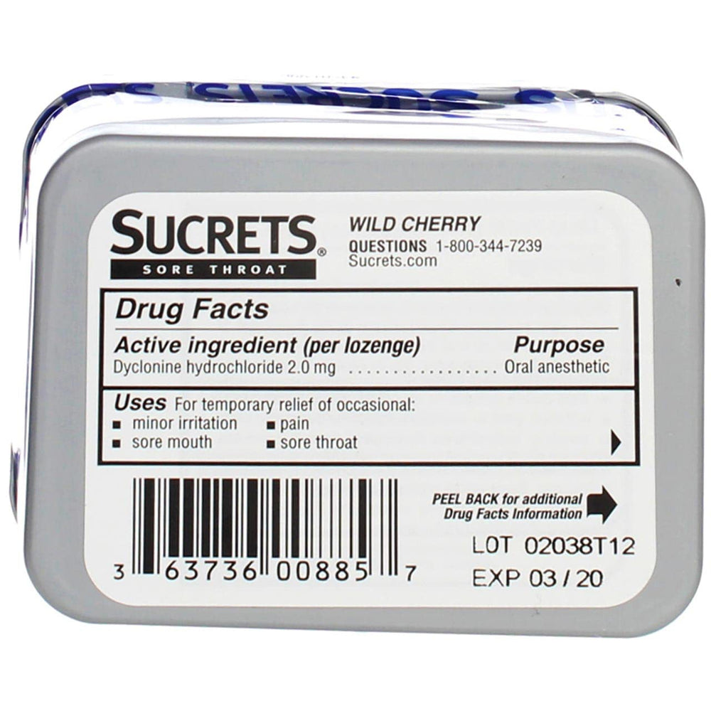 Close-up of Sucrets lozenges highlights sore throat soothing properties.