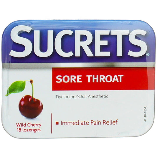 Sucrets Wild Cherry lozenges pack offers quick temporary throat relief.