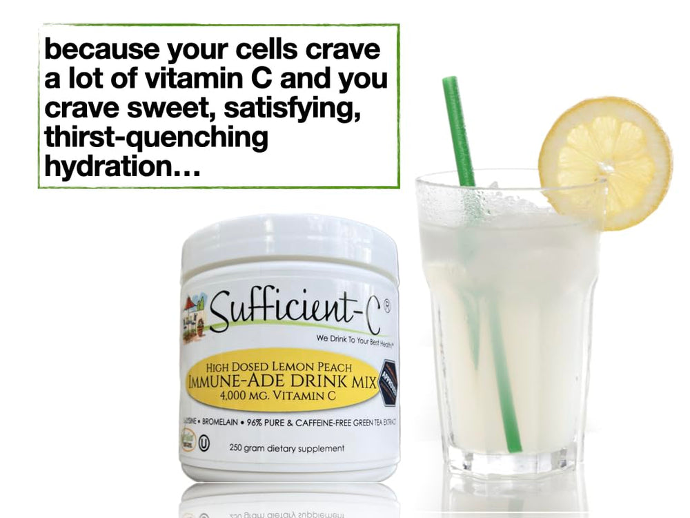 Glass of lemon peach Sufficient-C drink showing inviting hydration.