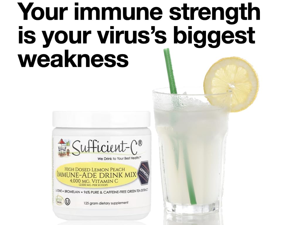 Sufficient-C Lemon Peach ready-to-mix powder beside glass and scoop.