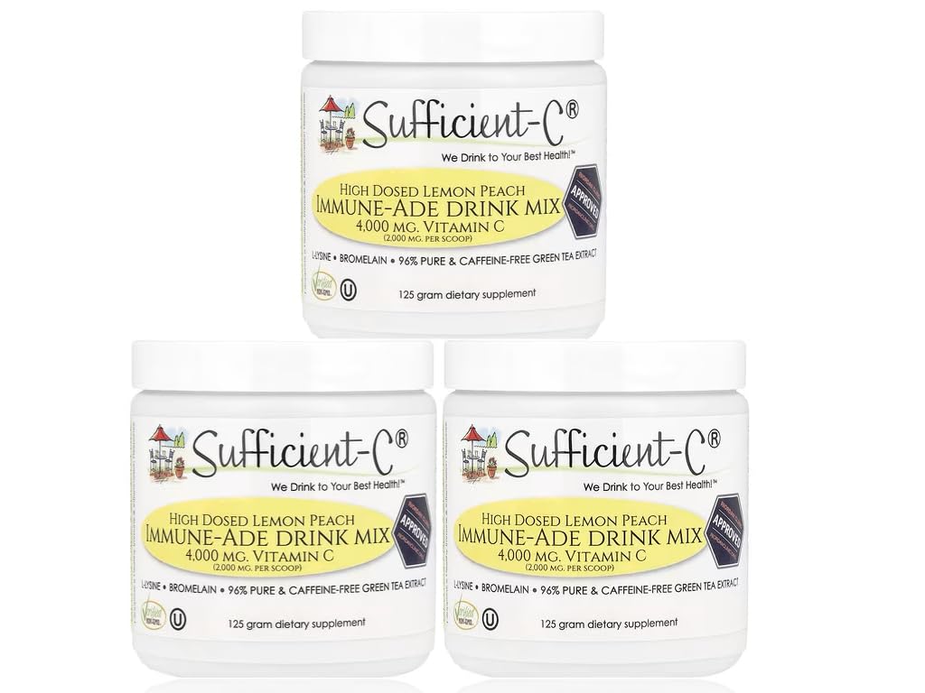 Sufficient-C Lemon Peach Drink Mix bottle for a refreshing vitamin C boost.