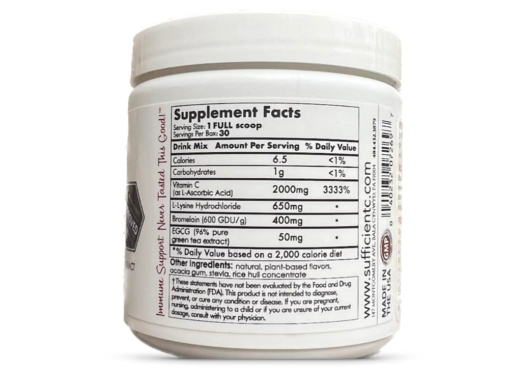 Sufficient-C lemon peach ingredients close-up with L-lysine and bromelain