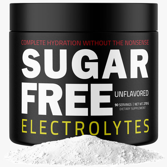 Sugar Free Electrolytes bottle front showing zero sugar and keto-friendly hydration.