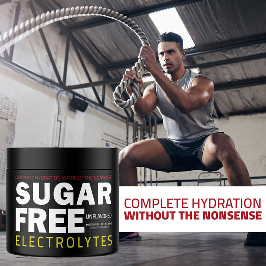 Sugar Free Electrolytes powder scoop with label highlighting raw electrolytes.