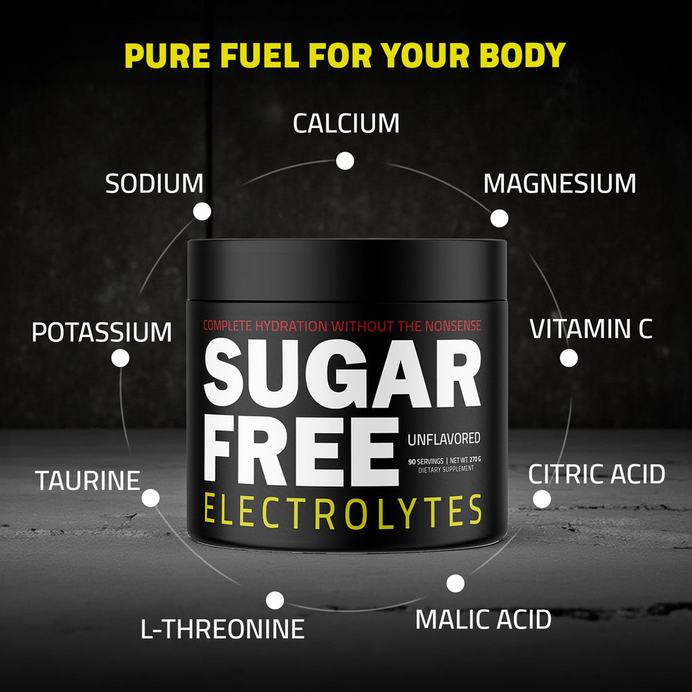 Vegan and gluten-free Sugar Free Electrolytes emblem on packaging.