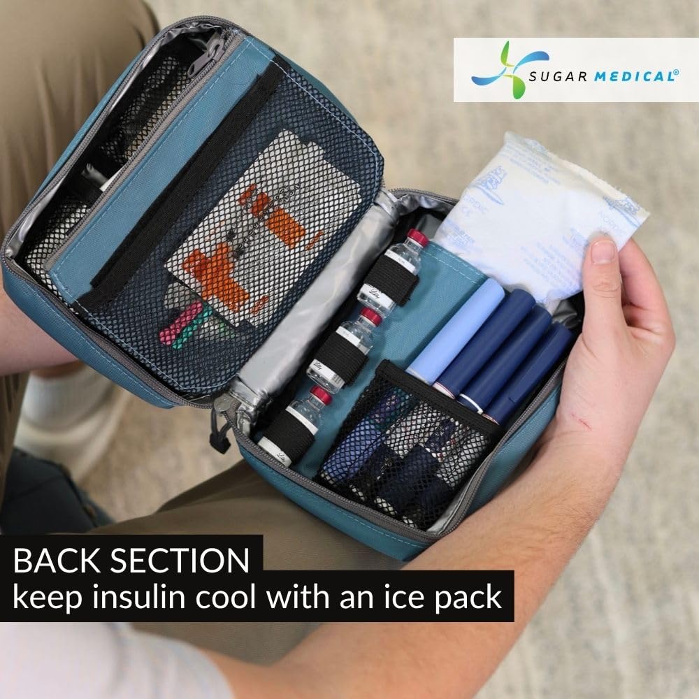 Center divider in Sugar Medical organizer separates pens and strips