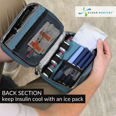 Center divider in Sugar Medical organizer separates pens and strips