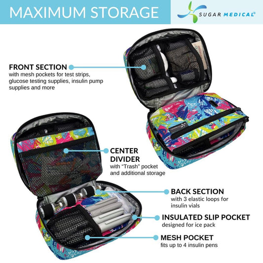 Sugar Medical Insulated Diabetes Organizer open top with compartments for pens and meters