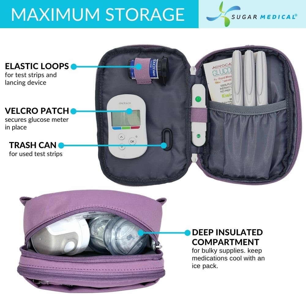 Sugar Medical insulated diabetes supply bag removable strap enables belt-to-crossbody carry.
