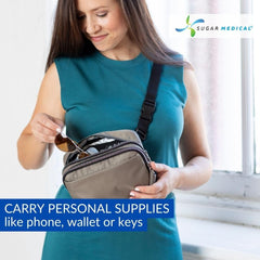 Sugar Medical insulated cross body fanny pack insulated rear section preserves temperature-sensitive items.