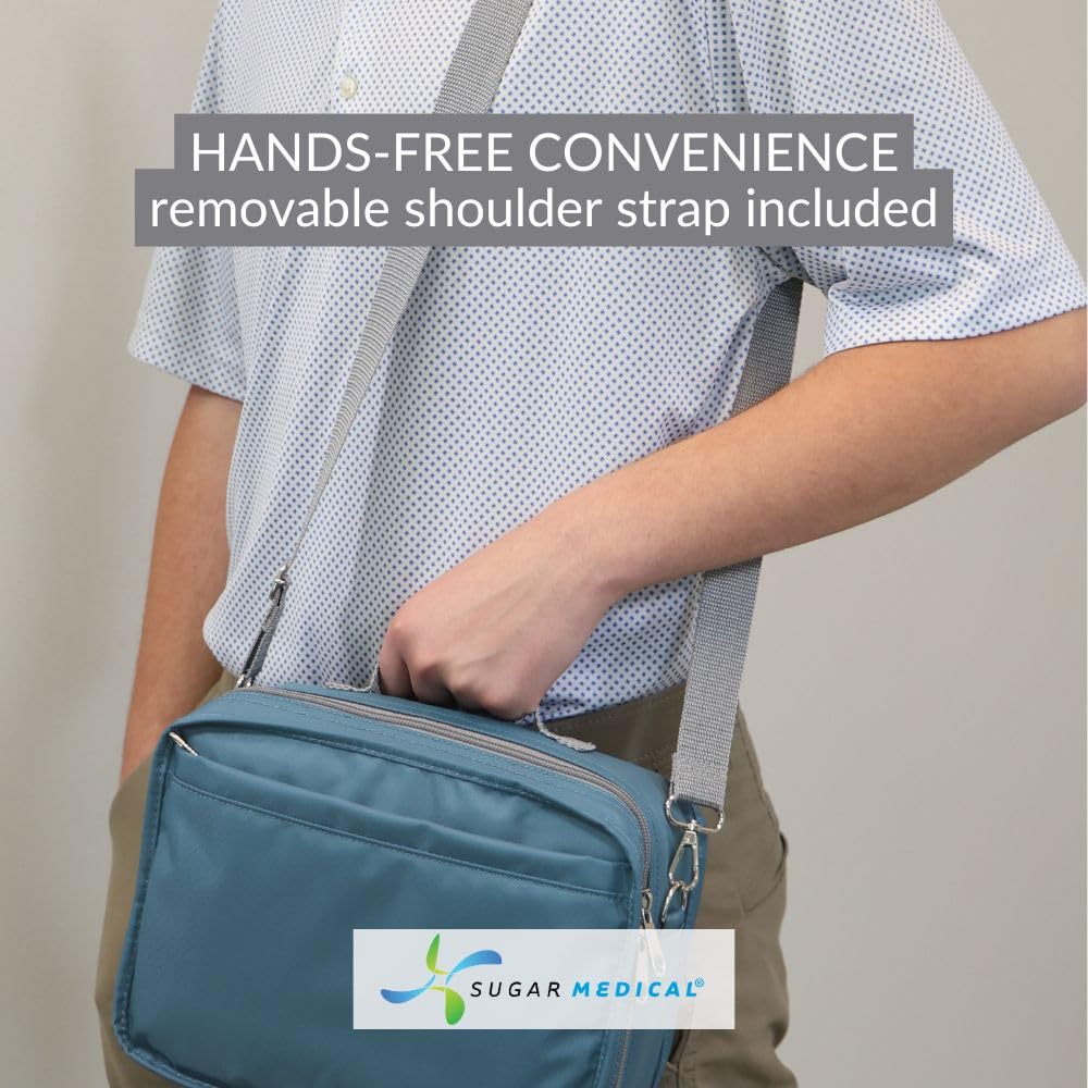 Sugar Medical insulated travel bag steel blue material blends practicality and style.