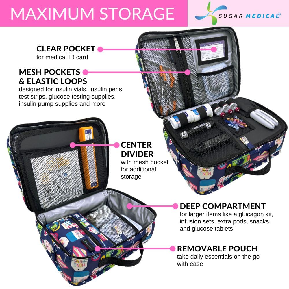 Sugar Medical insulated travel bag interior with organized pockets for meters and vials