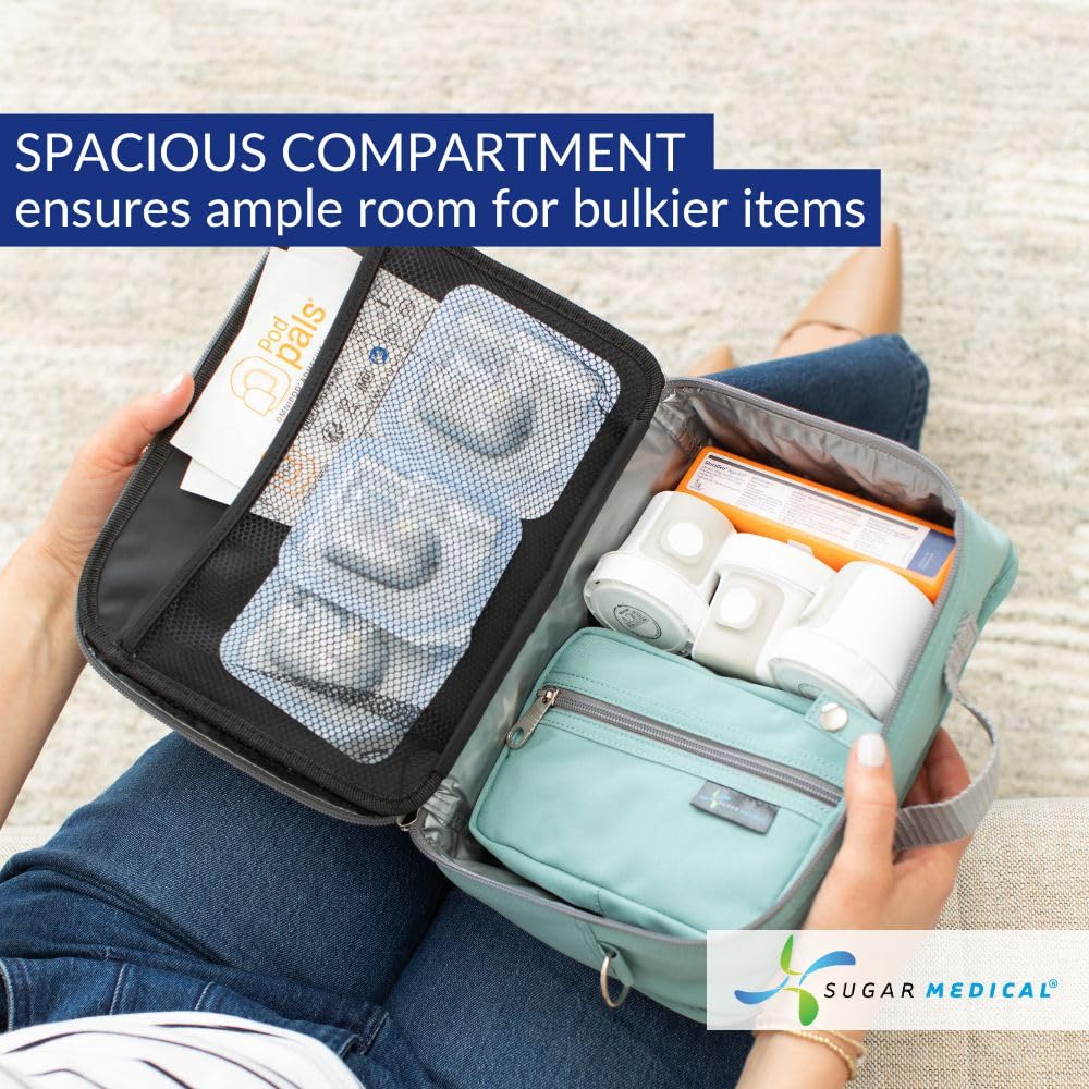 Sugar Medical insulated diabetic travel bag opened to reveal multiple interior pockets
