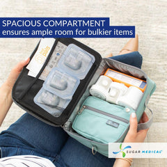 Sugar Medical insulated diabetic travel bag opened to reveal multiple interior pockets