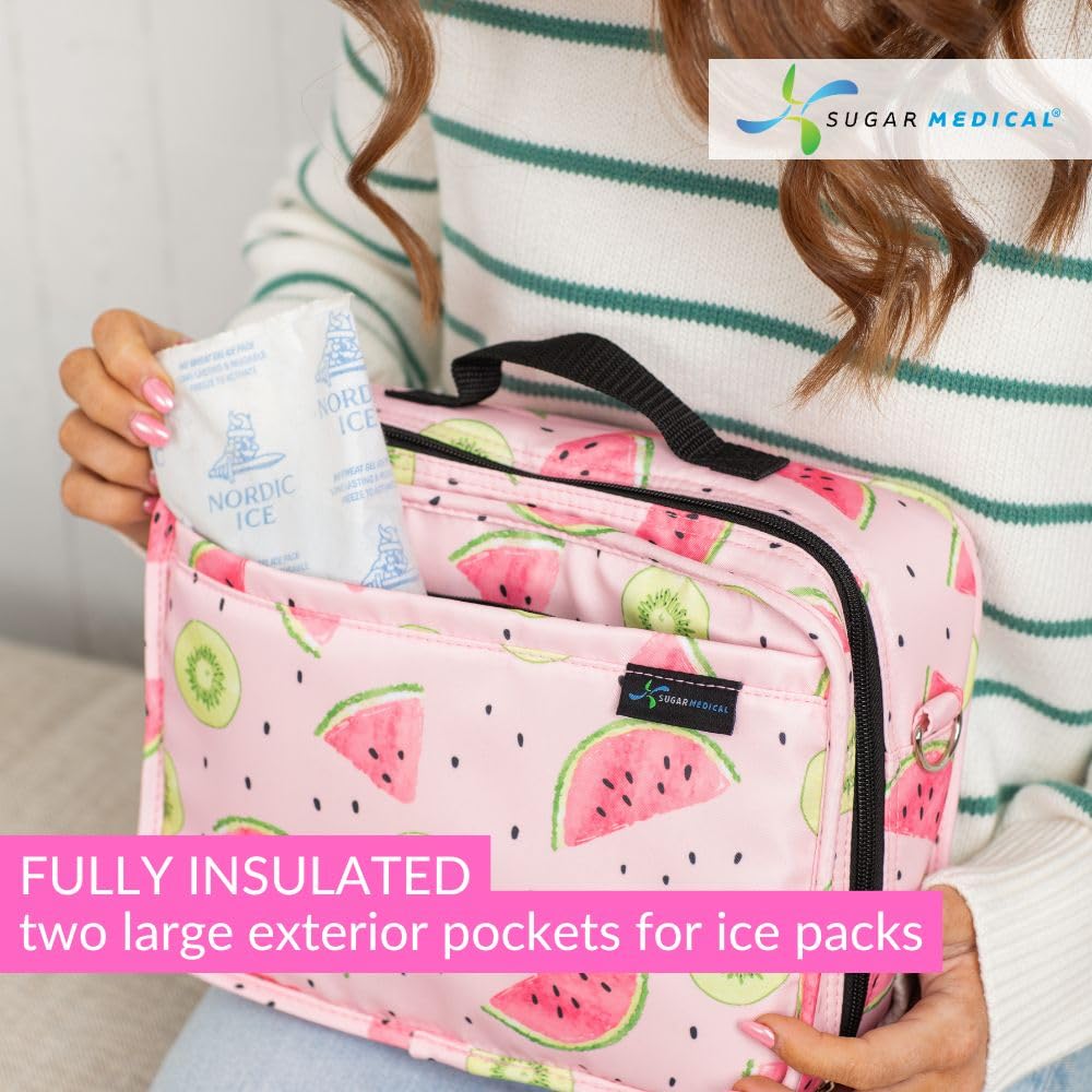 Sugar Medical insulated travel bag watermelon adjustable strap for comfortable carrying.