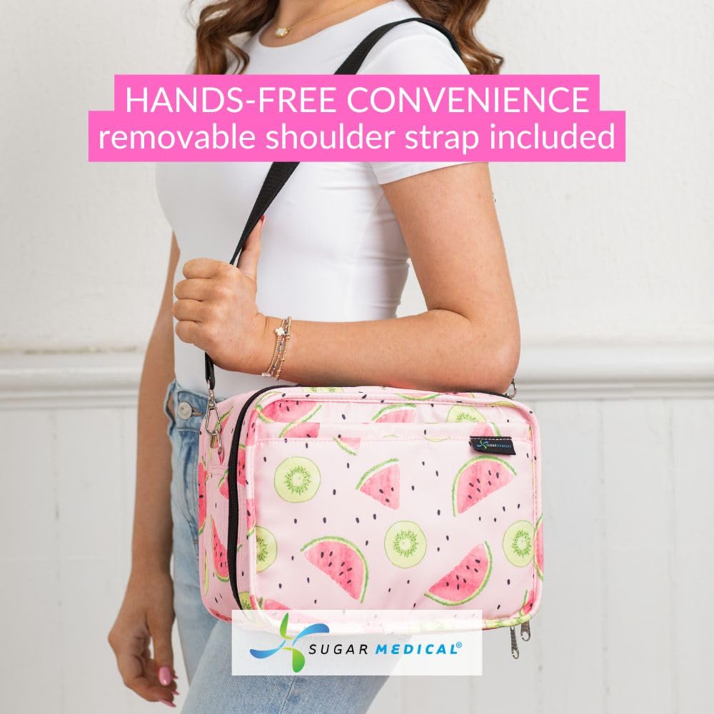 Sugar Medical insulated travel bag watermelon interior organizers for meters and pens.
