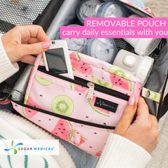 Sugar Medical insulated travel bag watermelon side pocket for quick access.