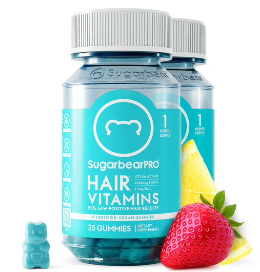 SugarBearHair bottle front showing vegan daily vitamin for hair vitality.