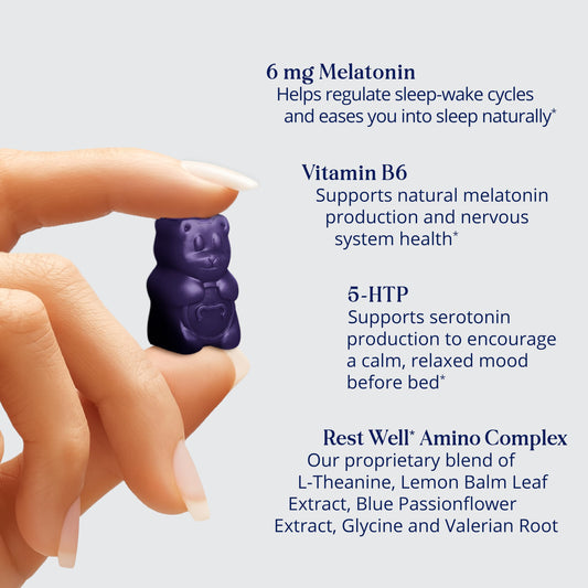 SugarBearHair Sleep Gummy label closeup highlights extra-strength melatonin for nocturnal support.