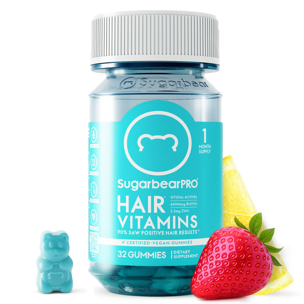 SugarBearPRO bottle with 32 plant-based gummies for daily hair support.