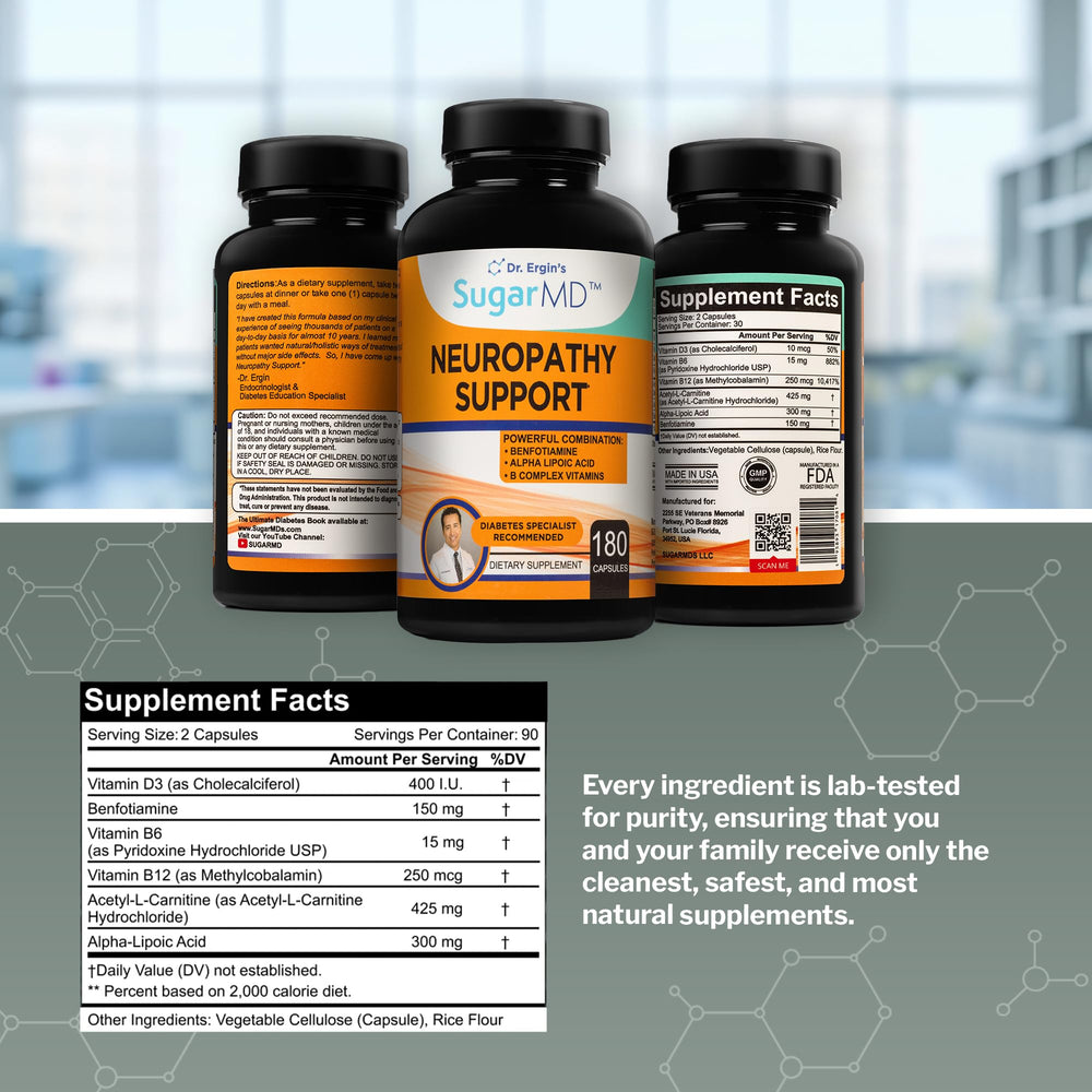SugarMD Neuropathy 90-day supply label showing three months of capsules.