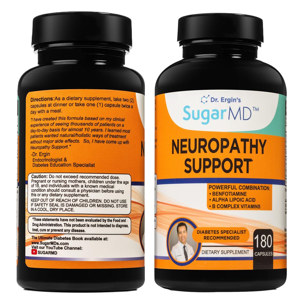 SugarMD Neuropathy Support bottle shows alpha-lipoic acid and B vitamins for nerve health.