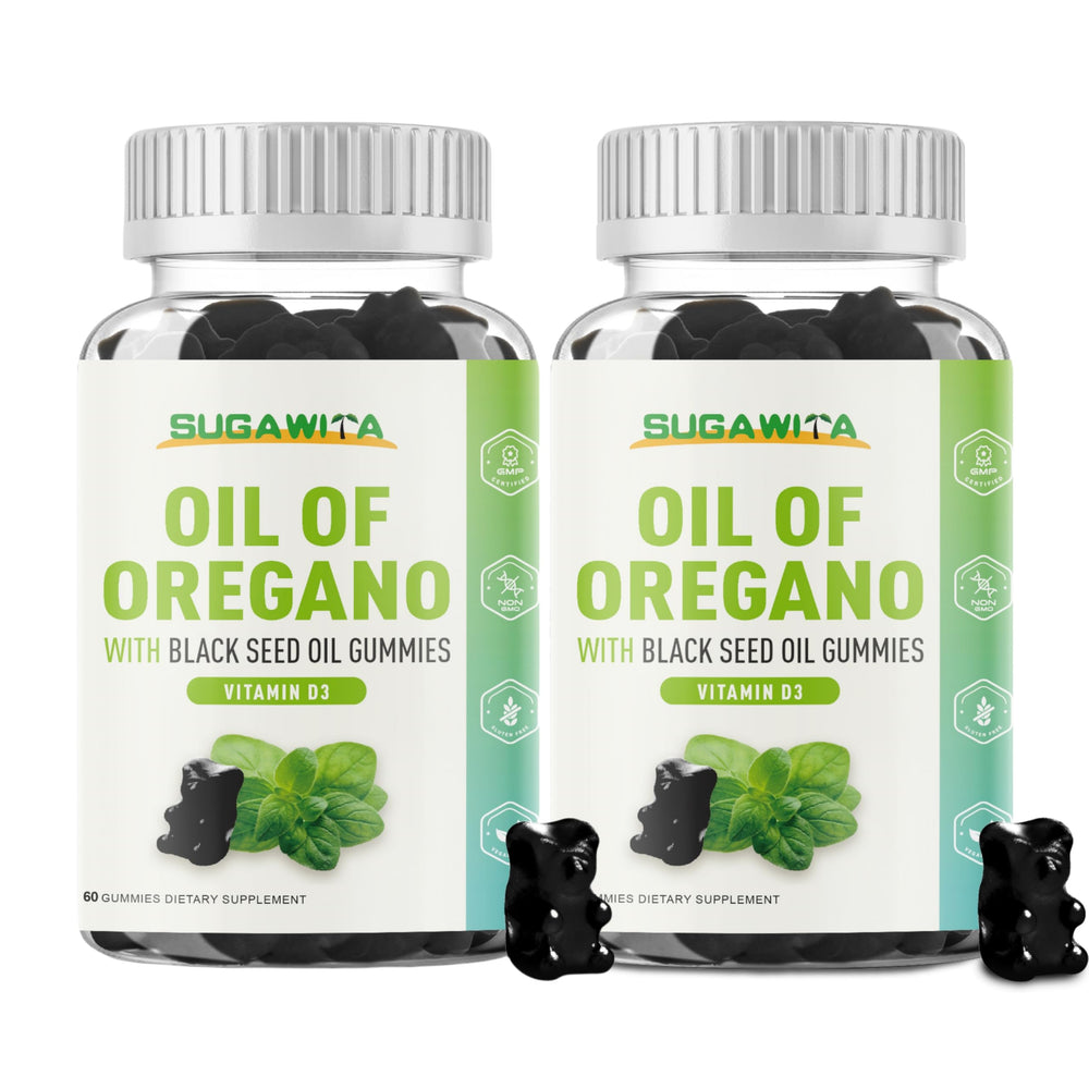 SUGAWITA oregano oil gummies on bottle label for convenient daily support.