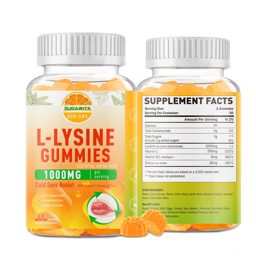 The SUGAWITA Lysine Gummies bottle shows convenient daily immune support.