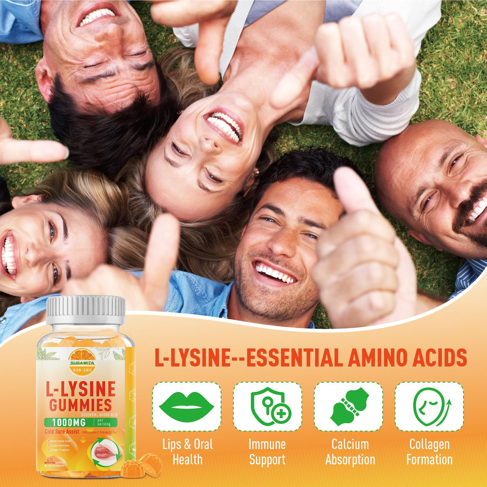 SUGAWITA Lysine Gummies ingredient panel displays gluten free non GMO labels.
