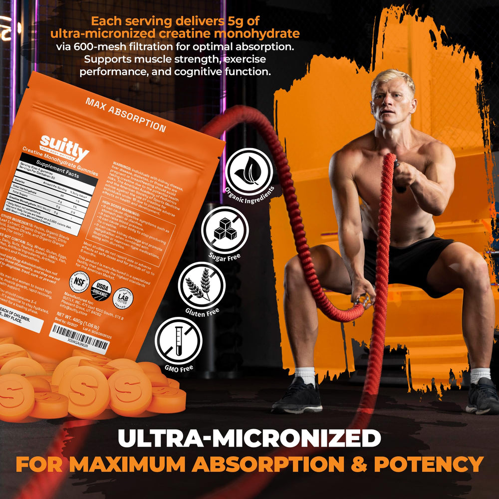 Suitly 5g dose gummies pack indicating strong performance potential before workouts