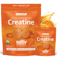 Suitly Creatine Gummies orange-burst bottle showing convenient on-the-go fitness support