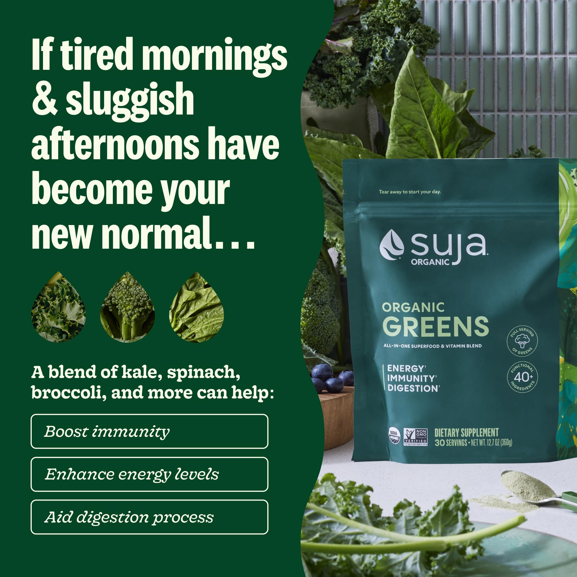 Suja Greens Powder being poured into blender bottle.