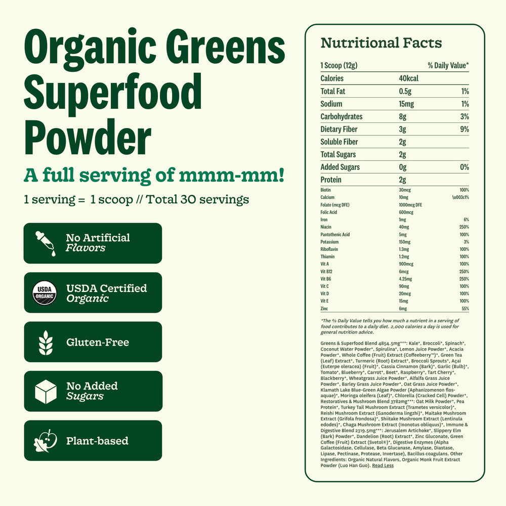 Suja Greens powder dissolving in smoothie for easy daily intake.