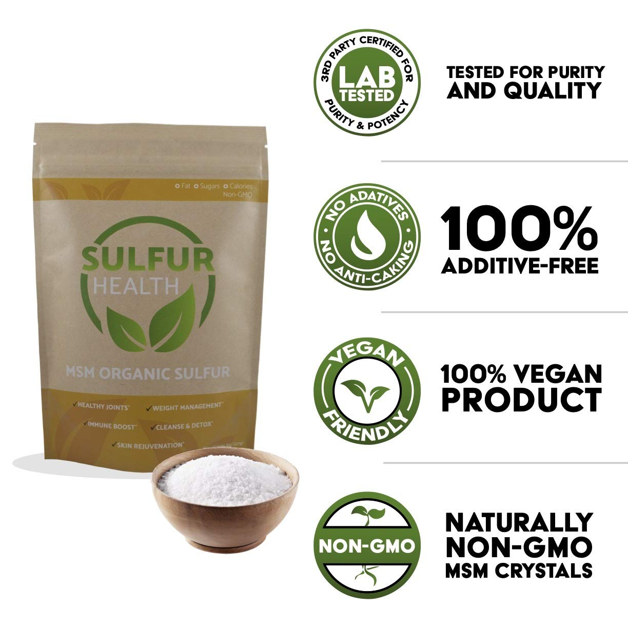 Sulfur Health MSM measuring scoop enables precise daily dosing.
