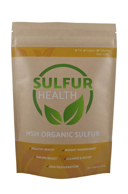 Sulfur Health MSM bottle label showing purity for daily joint support.