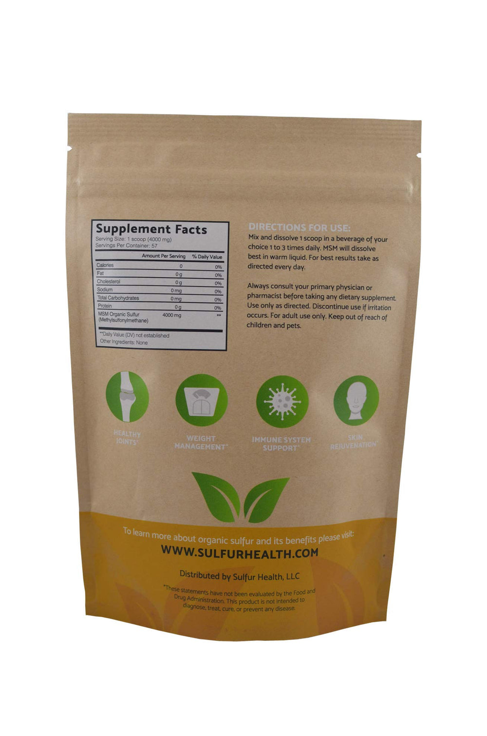 Sulfur Health MSM powder packaging ready for easy integration into routines.