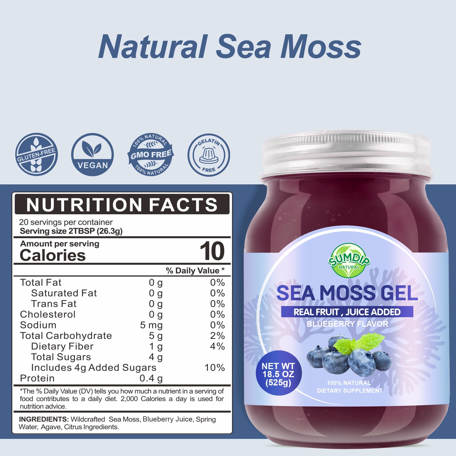 SumDIP Sea Moss Gel label highlights minerals and vitamins