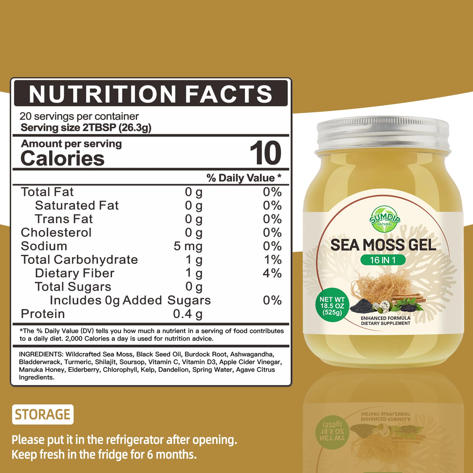 SumDIP Sea Moss Gel ingredients label highlighting 16 components for nourishment.