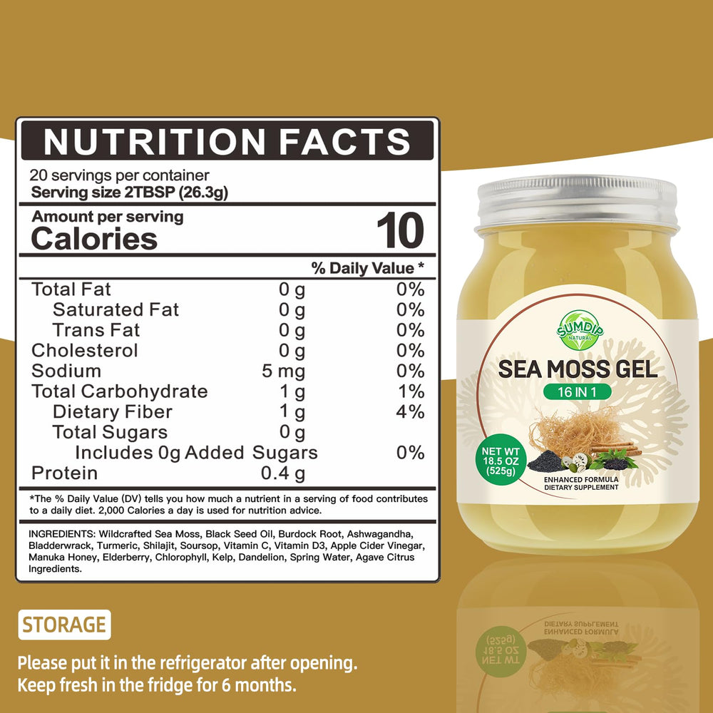 SumDIP Sea Moss Gel ingredients label highlighting 16 components for nourishment.