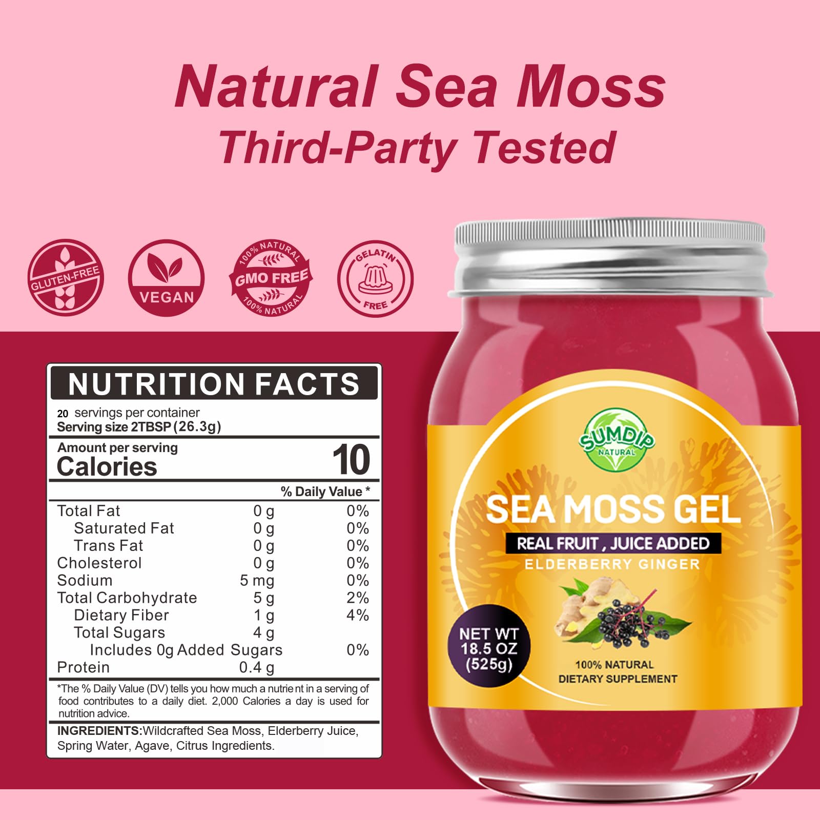 SumDIP seamoss gel jar back reveals ingredients and usage notes.