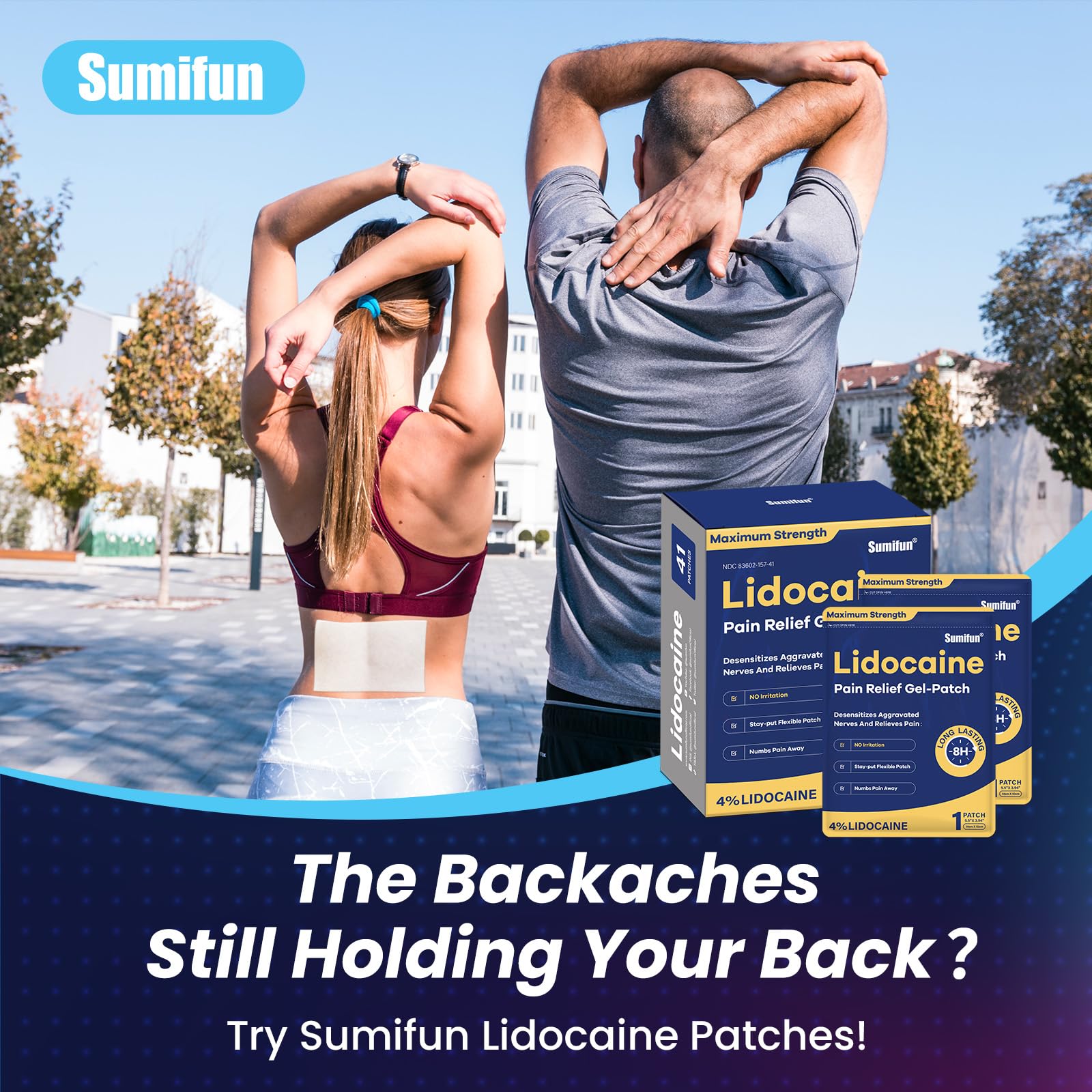 Sumifun patch adheres to the back for targeted, temporary relief during tasks.