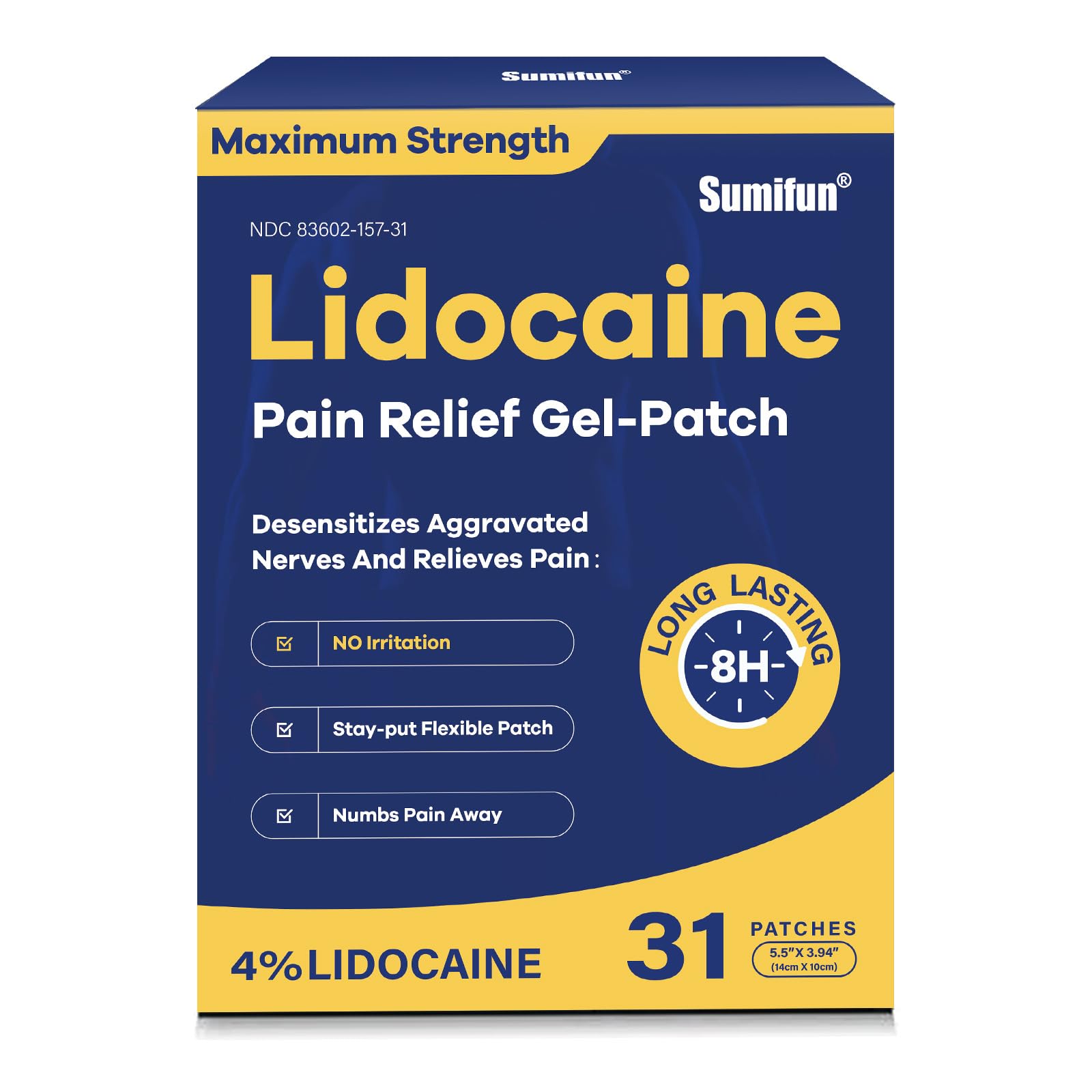 Sumifun 4% Lidocaine patches packaging keeps patches fresh for travel and storage.