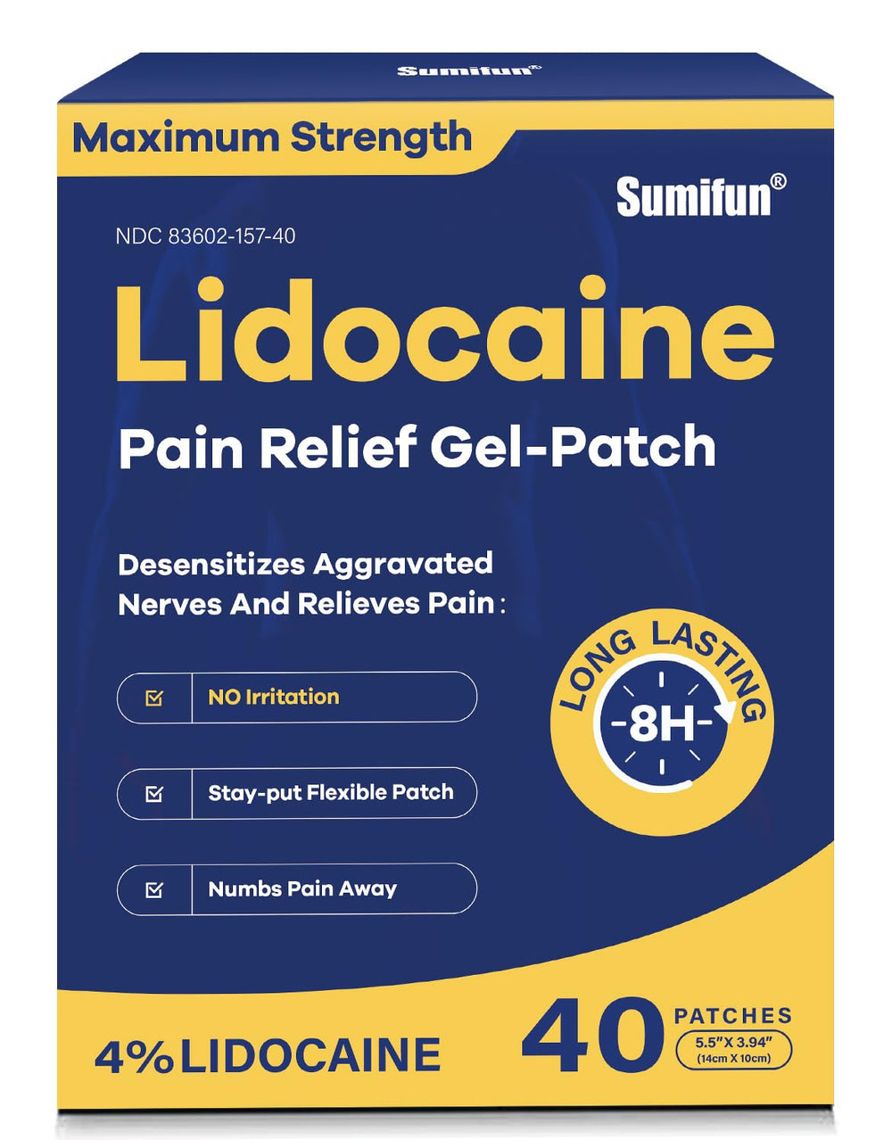 Sumifun 4% lidocaine patch applied to the back for targeted relief and comfort