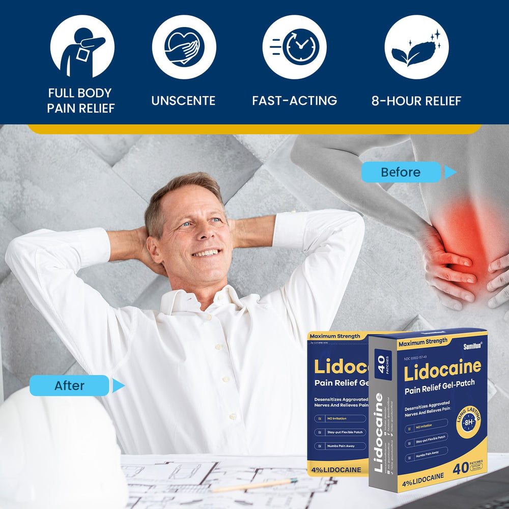 Sumifun patch on knee area providing potential relief during daily tasks