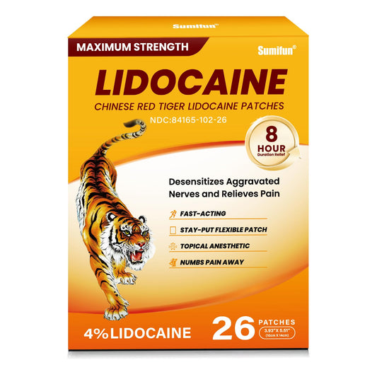 Sumifun lidocaine patch box showing 26-count, portable for home or travel use