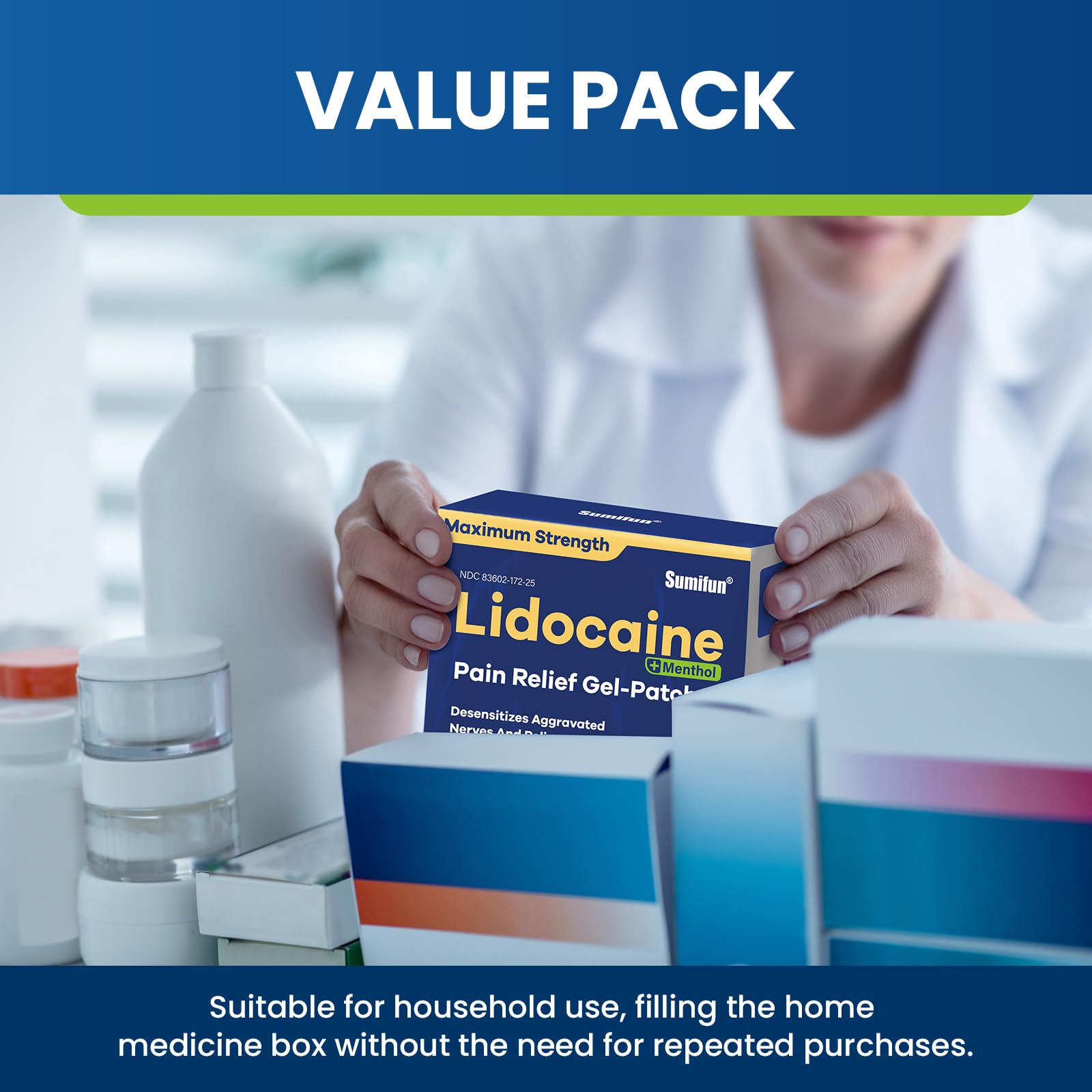 Sumifun lidocaine patch shown on flexible fabric for all-day wear